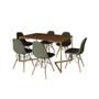 Imagem de Mesa Industrial Retangular Amêndoa Base V Dourada 137x90cm C/ 6 Cadeiras Madeira Estofadas Verde