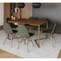 Imagem de Mesa Industrial Retangular Amêndoa Base V Dourada 137x90cm C/ 6 Cadeiras Madeira Estofadas Verde