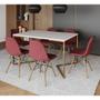 Imagem de Mesa Jantar Industrial Branca Base V Dourada 137x90cm 6 Cadeiras Eames Madeira Estofadas Vermelhas