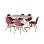 Imagem de Mesa Jantar Industrial Branca Base V Dourada 137x90cm 6 Cadeiras Eames Madeira Estofadas Vermelhas