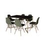 Imagem de Mesa Jantar Industrial Preta Base V Dourada 137x90cm com 6 Cadeiras Estofadas Verdes Madeira 