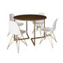 Imagem de Mesa Jantar Industrial Redonda 110cm Amêndoa Base V Dourada com 4 Cadeiras Eames Eiffel Brancas Base