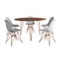 Imagem de Mesa Jantar Redonda 110cm Amêndoa Clips 3 Pés com 5 Cadeiras Eames Eiffel Brancas Base Cobre