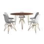 Imagem de Mesa Jantar Redonda 110cm Amêndoa Clips 3 Pés com 5 Cadeiras Eames Eiffel Brancas Base Dourada