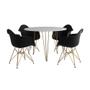 Imagem de Mesa Jantar Redonda 110cm Branca Clips 3 Pés com 4 Poltronas Pretas Eames Eiffel Base Dourada