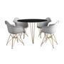 Imagem de Mesa Jantar Redonda 110cm Preta Clips 3 Pés com 4 Poltronas Brancas Eames Eiffel Base Dourada
