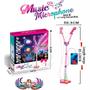 Imagem de Microfone duplo infantil com pedestal rosa karaoke amplificador musical luz mp3 celular