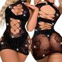 Imagem de Mini vestido body lingerie sexy arrastão com strass sensual