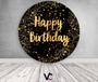 Imagem de Painel De Festa Redondo 1,50x1,50 - Fundo Preto Folhagens Efeito Brilhos Happy Birthday Dourado 116