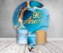Imagem de Painel De Festa Redondo 1,50x1,50 + Trio De Capas Cilindro - Efeito Mármore Azul com Dourado Idade 90 Anos 172