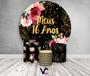 Imagem de Painel De Festa Redondo 1,50x1,50 + Trio De Capas Cilindro - Fundo Preto Flores Efeito Brilhos Meus 16 Anos Dourado 017