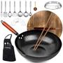 Imagem de Panelas wok pan de aço carbono, KAQINU 14 Peça Woks & Stir-Fry Pan Set com Tampa de Madeira & Panelas, Sem Fundo Liso Revestido De Produtos Químicos Woks Panela chinesa para Indução, Elétrica, Gás, Halogen All Fogões - 12,6''