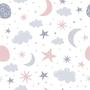 Imagem de Papel De Parede Adesivo Lua Estrelas Nuvens Rosa Cinza Quarto Infantil 5m