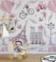 Imagem de Papel De Parede Autocolante Para Sala E Quarto Infantil Paris Fundo Rosa claro Lambretas E Flores