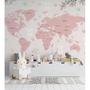 Imagem de Papel De Parede Infantil De Mapa Mundi Rosa Com Flores