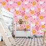 Imagem de Papel De Parede Rosa Flores Gatinha E Corações Decorativo