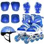 Imagem de Patins Roller Infantil Inline Azul 4 Rodas Com Ajuste 30-37  + Kit Proteção Infantil Completo - Zippy Toys