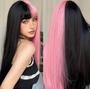 Imagem de Peruca Lace Wig Lisa Longa Com Franja 70cm Preta/Rosa - wig