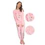 Imagem de Pijama Feminino de Frio Peluciado Macio Flanela Gato Gatinho Sorrindo Rosa Ultra Soft Fleece Manga Longa Calça e Blusa