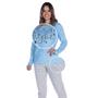 Imagem de Pijama Feminino Fechado Confortável Blusa Manga Longa Estampada e Calça Tecido Plush Quentinho