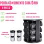 Imagem de Porta Condimento Giratório Preto c/ 9 Potes Vidro 85ml Tampa Ideal p/ Temperos e Especiarias Suporte 360º Alimento