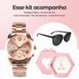 Imagem de Presente Namorada: Relogio Feminino Romance Prova Dagua Luxo Rose + Kit Joias Folhadas 18k + Óculos Sol Original