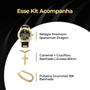 Imagem de Pulseira + cordão cruz + relogio masculino banhado aço inox presente dourado social ajustavel casual