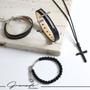Imagem de Pulseira de Couro Kit 04 Cruz Preto com Fecho Strap Plug Ajustável com Colar Cruz
