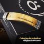 Imagem de Pulseira masculina banhada ouro dourada placa pai nosso + caixa ajustavel casual qualidade premium