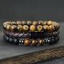 Imagem de Pulseira Masculina de Ônix e Olho de Tigre - Couro com Fecho Magnético - 8mm - Kit com 3 Peças
