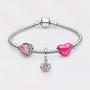 Imagem de Pulseira Rosa Estilo Pandore de Coração com Berloques Prateado e Coroa Rosa