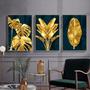 Imagem de Quadro 3 peças decoração folhas de ouro fundo azul