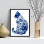 Imagem de Quadro Arte Gato Floral Azul 24x18cm