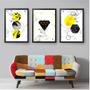 Imagem de Quadro Decorativo 3 peças 60x40 C/ Moldura Geométrico Triângulos e circulos amarelo
