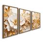 Imagem de Quadro Decorativo Floral Delicado Flores Brancas e Amarelas com 3 Telas de Parede para Sala Quarto Escritório