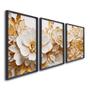 Imagem de Quadro Decorativo Floral Delicado Flores Brancas e Amarelas com 3 Telas de Parede para Sala Quarto Escritório