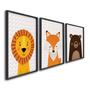 Imagem de Quadro Decorativo Infantil Amigos da Selva com 3 Telas de Parede para Quarto Sala Brinquedoteca 60cm Com Vidro