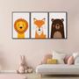 Imagem de Quadro Decorativo Infantil Amigos da Selva com 3 Telas de Parede para Quarto Sala Brinquedoteca 60cm Com Vidro