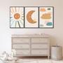 Imagem de Quadro Decorativo Infantil Sol Lua e Nuvens com 3 Telas de Parede para Quarto Sala Brinquedoteca 60c Com Vidro