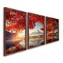 Imagem de Quadro Decorativo Paisagem Montanhas e Flores Vermelhas com 3 Telas de Parede para Sala Quarto Escri Tabaco