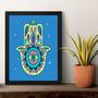 Imagem de Quadro Esotérico Olho Grego e Hamsa - Azul 33x24cm - com vidro