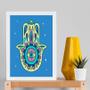 Imagem de Quadro Esotérico Olho Grego e Hamsa - Azul 33x24cm - com vidro