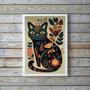 Imagem de Quadro Folk Art Gato Floral 33x24cm Moldura Branca