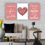 Imagem de Quadros Decorativos 3 Unidades Frase Amor Fé Gratidão Coração Rose Escrito Branco 120cm x 60cm