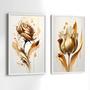 Imagem de Quadros Decorativos com Moldura  Flores Douradas Bege Sala Quarto Kit Conjunto 2