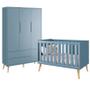 Imagem de Quarto com Berço Theo e Guarda Roupa 3 Portas Azul Fosco e Pés Madeira Natural Reller Móveis