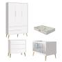 Imagem de Quarto de Bebê 3 Portas e Cômoda Gaveteiro Theo Branco Pés Madeira Natural com Colchão Gazin  Reller