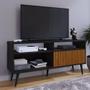 Imagem de Rack Bancada Home Samba Estante Tv 55 Polegadas Nicho Organizador Porta Correr Sala Quarto Pequeno Retrô - Preto/Ripado - RPM