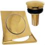 Imagem de Ralo Click E Porta Grelha Dourado 15x15 Valvula Click 7/8 Aço Inox Kit Completo Banheiro Gold Caixilho Quadrado 15cm Ralo Escoamento Pia 30mm