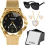 Imagem de Relogio aço feminino + oculos sol + caixa banhado original strass presente inoxidável dourado mostrador preto moda